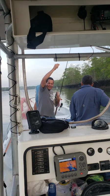 Golfo de Montijo - En esta cautivadora imagen, podemos ver a Omar y Noble Donoso, dos apasionados pescadores, descansando en su bote mientras esperan el momento perfecto para la subida de la marea y continuar su emocionante día de pesca. La escena tiene lugar en las cercanías de los mangles, donde encuentran refugio bajo la sombra de estos impresionantes árboles costeros.