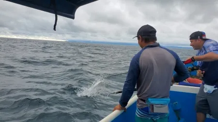 Isla Caleta: Un paraíso pesquero en medio de la belleza natural - Esta imagen captura la emoción y la aventura que se experimenta al pescar en Isla Caleta. Un pescador se encuentra en plena acción, luchando con una presa invisible pero poderosa.
