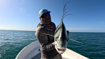 En esta foto, un Pez Gallo es sostenido en alto, un testimonio de la emoción y la gratificación de la pesca deportiva en Panamá. El equipo de CapturasPanama comparte su triunfo, recordando a todos el valor de la persistencia y la pasión.